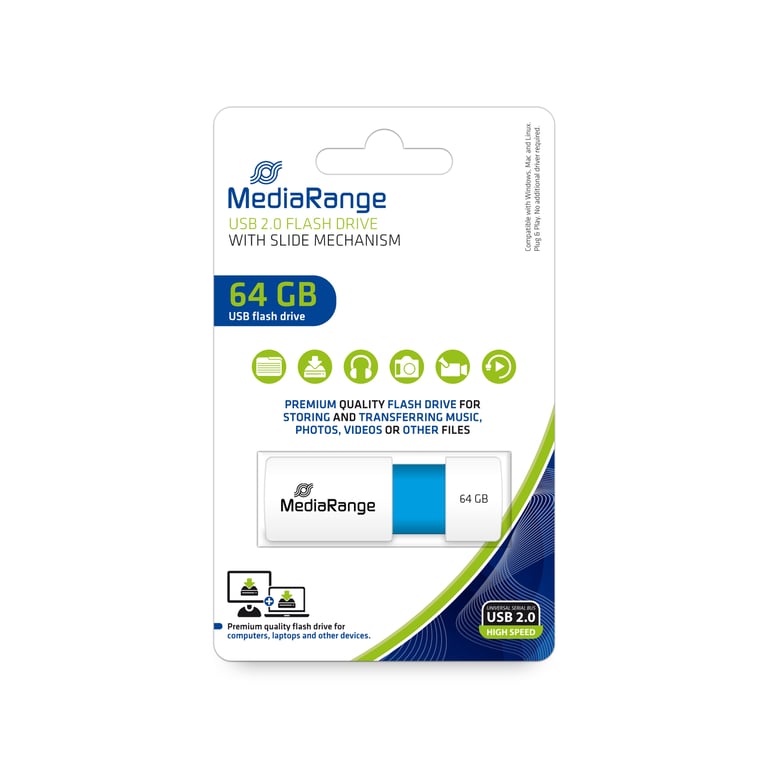 MediaRange USB Stick 64GB MR974 USB Typu-A 2.0 Niebieski, Biały MR974