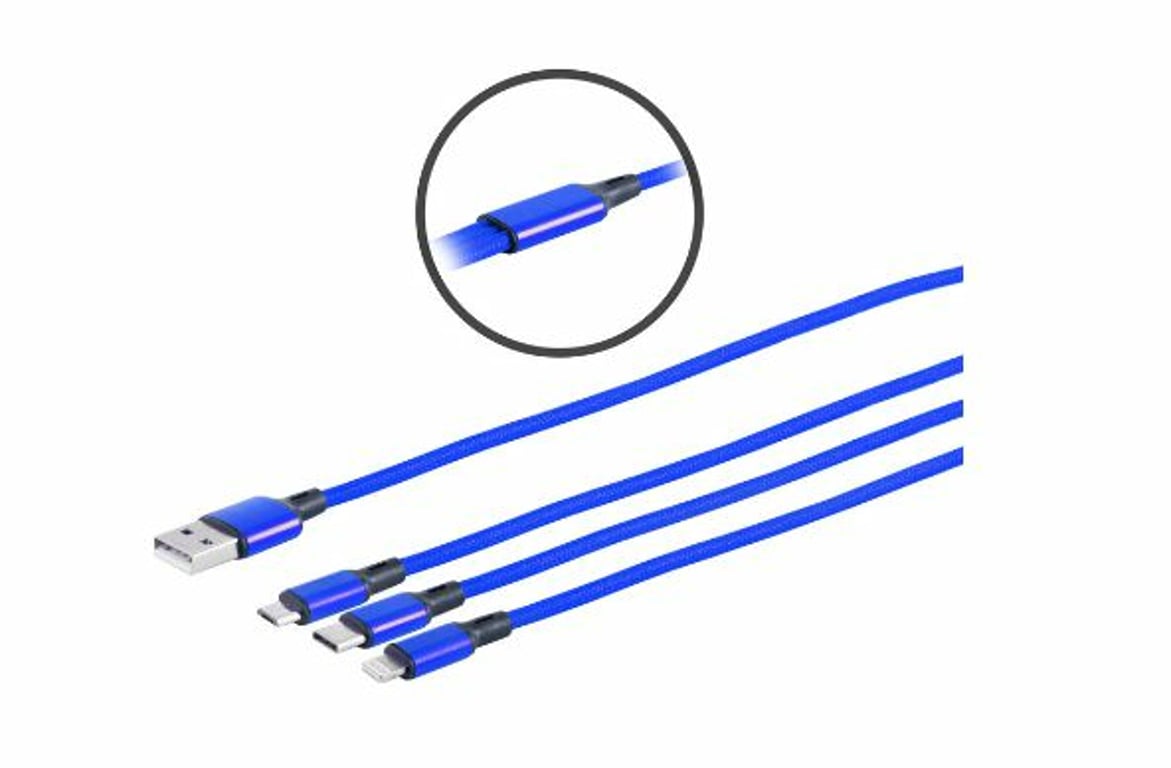 Microconnect MC-USBA-3WAY kabel USB USB 3.2 Gen 1 (3.1 Gen 1) 1,2 m USB C/Micro-USB B/Lightning Niebieski