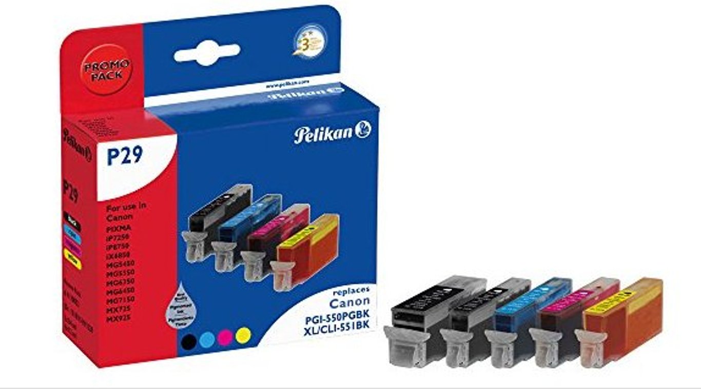 Pelikan P29 BK CMY PGBK nabój z tuszem 5 szt. Czarny fotograficzny, Cyan fotograficzny, Magenta fotograficzna, Czarny, Zdjęcie w kolorze żółtym