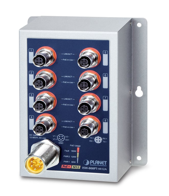PLANET IP50 Ind 8-P 10/100TX M12 Nie zarządzany Obsługa PoE Niebieski, Szary