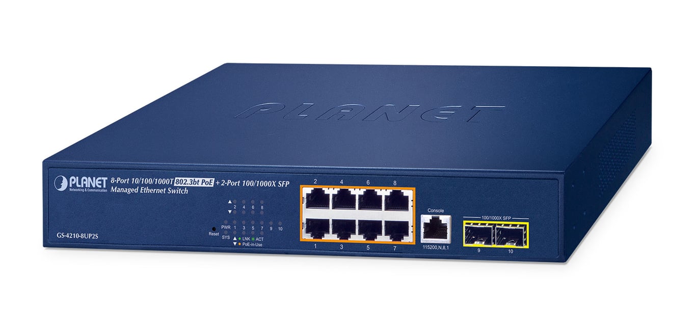 PLANET IPv6/IPv4, 8-Port Zarządzany L2/L4 Gigabit Ethernet (10/100/1000) Obsługa PoE 1U Niebieski