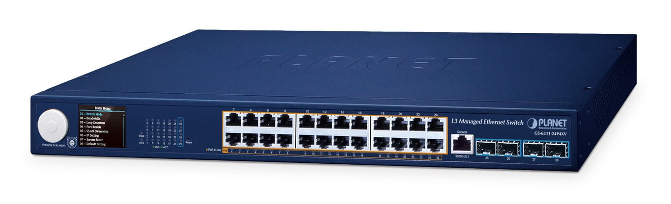PLANET Layer 3 24-Port 10/100/1000T Zarządzany L3 Gigabit Ethernet (10/100/1000) Obsługa PoE Niebieski
