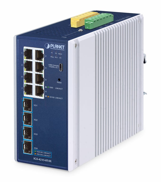 PLANET IP30 Industrial L2/L4 8-Port Zarządzany L2/L4 Gigabit Ethernet (10/100/1000) Aluminium, Niebieski