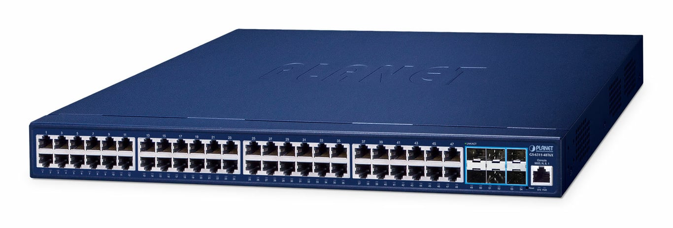 PLANET GS-6311-48T6X Layer 3 48-Port 10/100/1000T + 6-Port 10G SFP+ Managed Ethernet Switch (hardware-based Layer 3 RIPv1/v2, OSPFv2 dynamic routing, supports ERPS Ring) (GS-6311-48T6X) Zarządzany L3 Gigabit Ethernet (10/100/1000) Niebieski