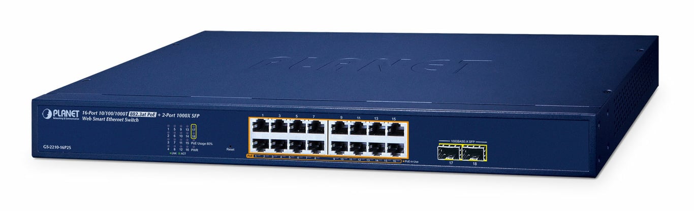 PLANET 16-Port 10/100/1000T 802.3at PoE + 2-Port 1000X SFP Web Smart Ethernet Switch (240W PoE Budget, 802.1Q VLAN, Link Aggregation, IGMP Zarządzany L2 Gigabit Ethernet (10/100/1000) Obsługa PoE Niebieski