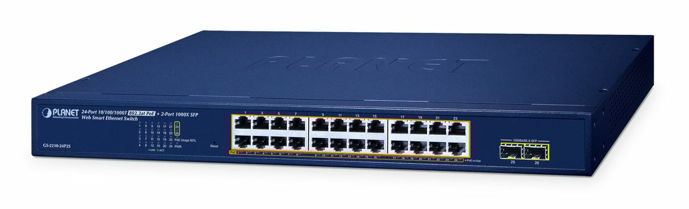 PLANET 24-Port 10/100/1000T 802.3at PoE + 2-Port 1000X SFP Web Smart Ethernet Switch (260W PoE Budget, 802.1Q VLAN, Link Aggregation, IGMP Zarządzany L2 Gigabit Ethernet (10/100/1000) Obsługa PoE Niebieski