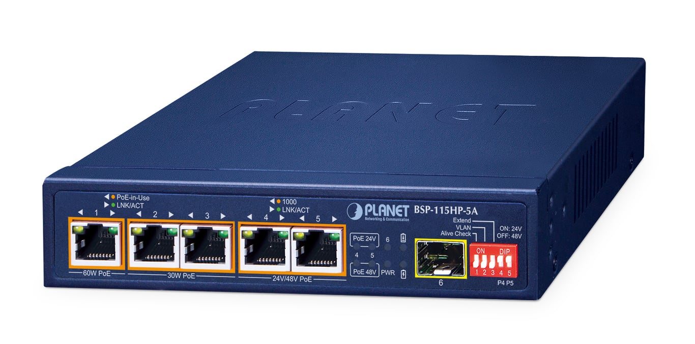 PLANET BSP-115HP-5A łącza sieciowe Nie zarządzany Gigabit Ethernet (10/100/1000) Obsługa PoE Niebieski