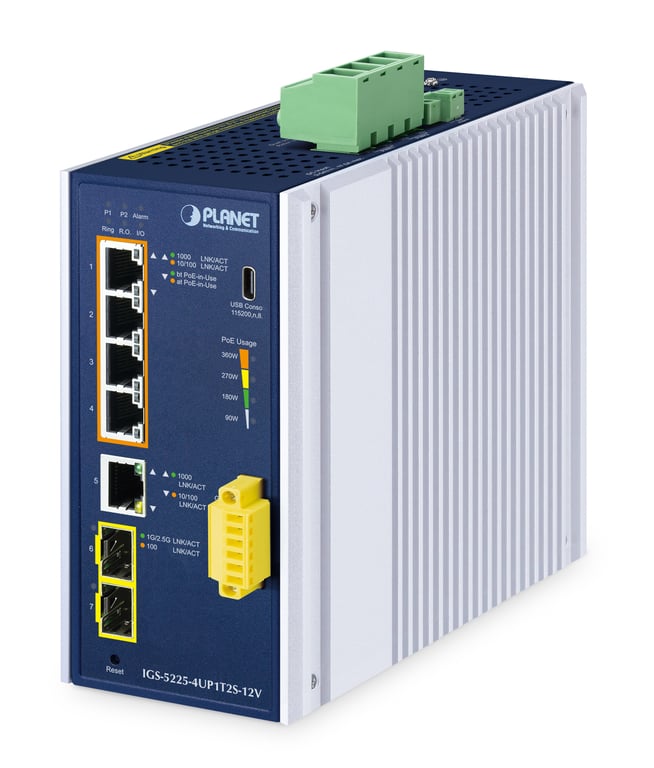 PLANET Industrial L2+ 4-Port 10/100/1000T 802.3bt PoE + 1-Port 10/100/1000T + 2-Port 1G/2.5G SFP Managed Ethernet Switch w/12V Booster Zarządzany L2+ Gigabit Ethernet (10/100/1000) Obsługa PoE Aluminium, Niebieski