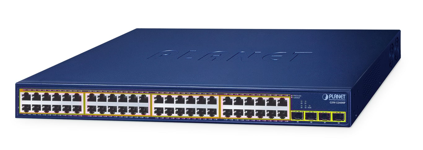 PLANET 48-Port 10/100/1000T 802.3at GSW-5240HP Nie zarządzany Gigabit Ethernet (10/100/1000) Obsługa PoE 1U Niebieski