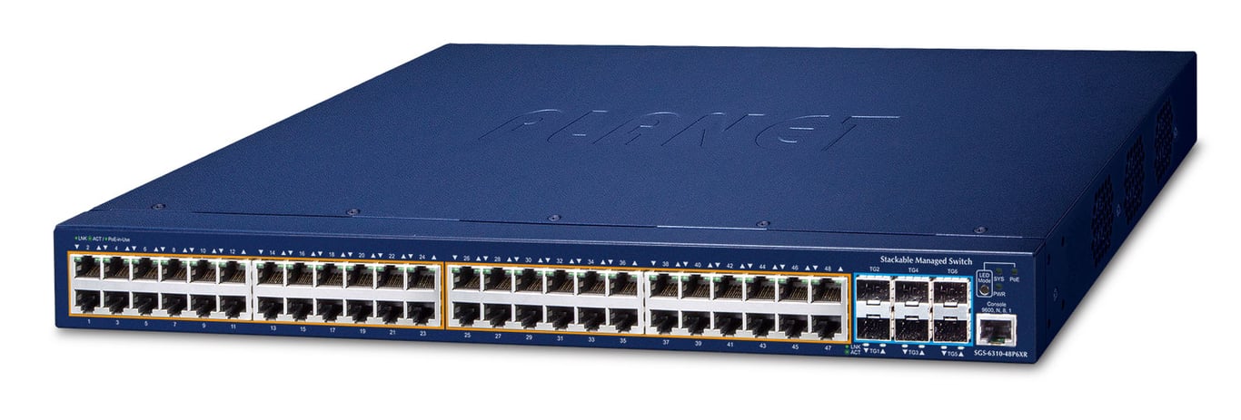 PLANET SGS-6310-48P6XR łącza sieciowe Zarządzany L3 Gigabit Ethernet (10/100/1000) Obsługa PoE 1U Niebieski
