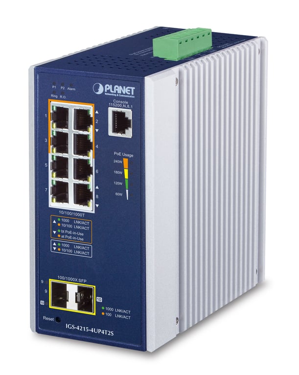 PLANET IGS-4215-4UP4T2S łącza sieciowe Zarządzany L2/L4 Gigabit Ethernet (10/100/1000) Obsługa PoE Aluminium, Niebieski
