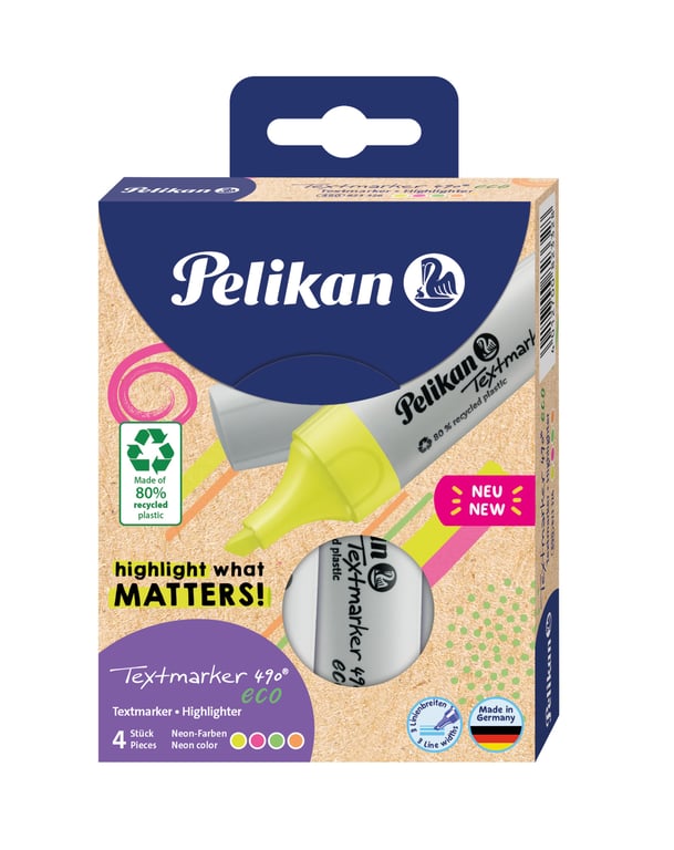 Pelikan Textmarker 490 eco marker 4 szt. Końcówka ścięta Zielony, Pomarańczowy, Różowy, Żółty