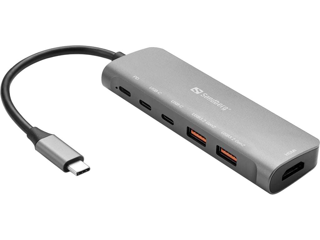 Sandberg USB-C Dock HDMI + 2xUSB-A + 2xUSB-C + PD100W Przewodowa USB 3.2 Gen 1 (3.1 Gen 1) Type-C Aluminium