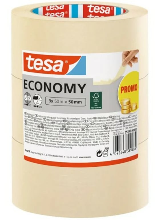 TESA Economy 50 m Taśma maskująca malarska Nadaje się do użytku w pomieszczeniach Papier jasnożółty