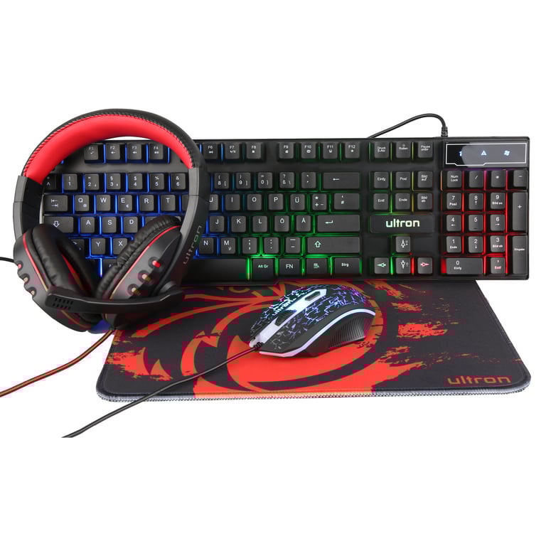Ultron HAWK Gaming Set klawiatura Dołączona myszka QWERTZ Niemiecki Czarny, Czerwony, Biały