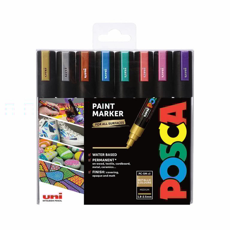 POSCA PC-5M Niebieski, Brązowy, Koralowy, Złoto, Różowy, Srebrny, Turkusowy, Fioletowy 8 szt.