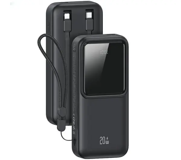 USAMS US-CD213 Z wbudowanymi kablami USB-C / Lightning 30000mAh PD 20W Fast Charge X-chel Series Czarny