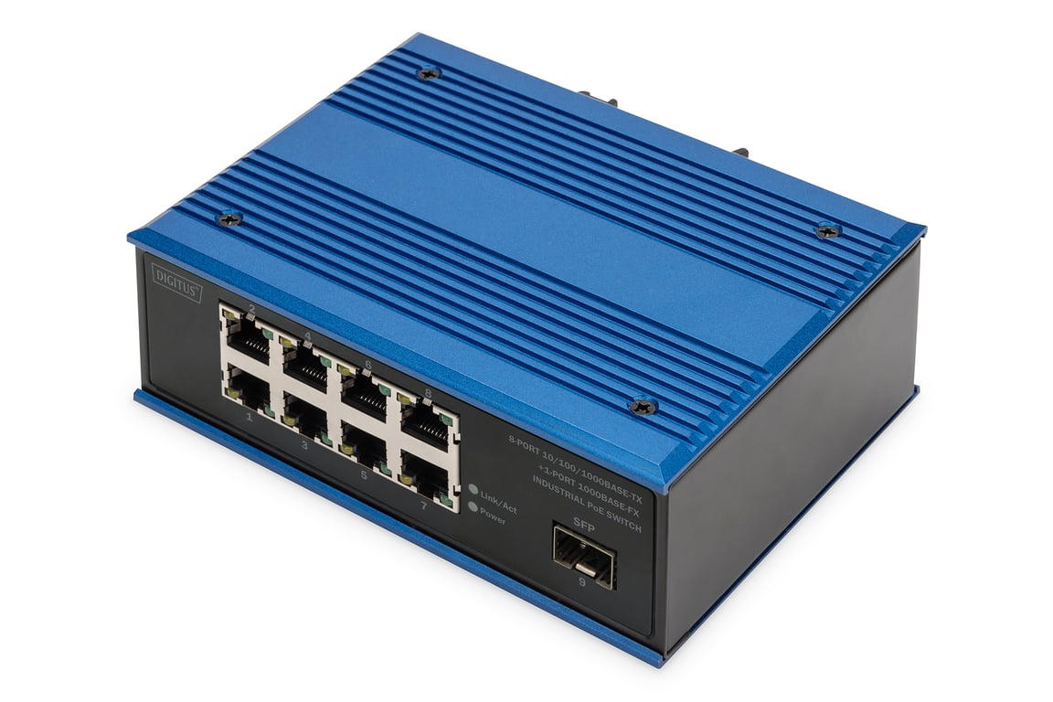Digitus 8-portowy przełącznik sieciowy Gigabit Ethernet PoE, przemysłowy, niezarządzany, 1 łącze SFP