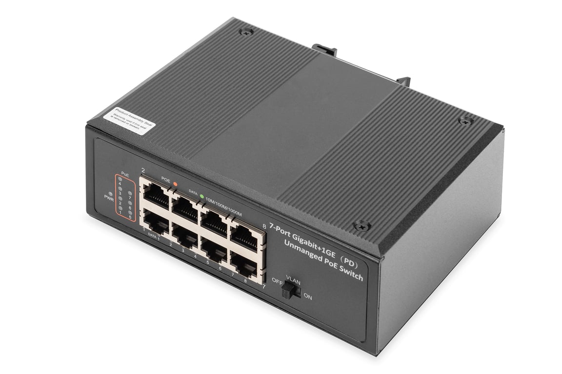 Digitus 7-portowy przełącznik sieciowy Gigabit Ethernet PoE, przemysłowy, niezarządzany, port 1PD