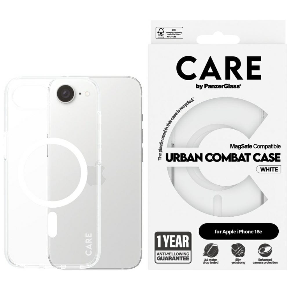 Etui CARE by PanzerGlass Flagship Urban Combat White MagSafe do iPhone 16e przezroczysty