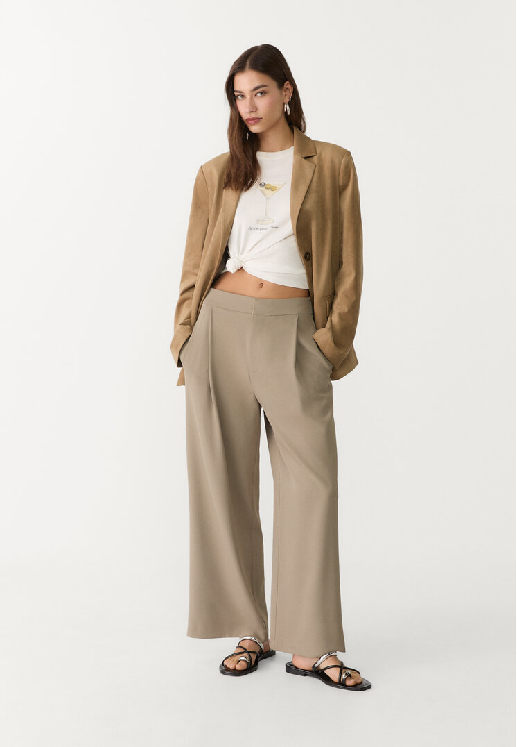 Stradivarius Eleganckie spodnie culotte z zakładkami Khaki M