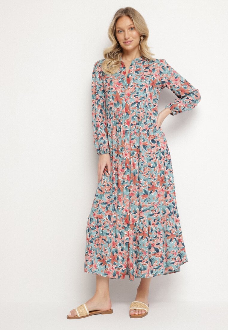 Różowa Sukienka z Górą Zapinaną na Guziki w Kwiaty Barbeira