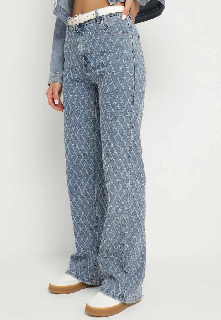 Niebieskie Szerokie Bawełniane Jeansy z Wysokim Stanem ze Wzorem Rombów Tuzea