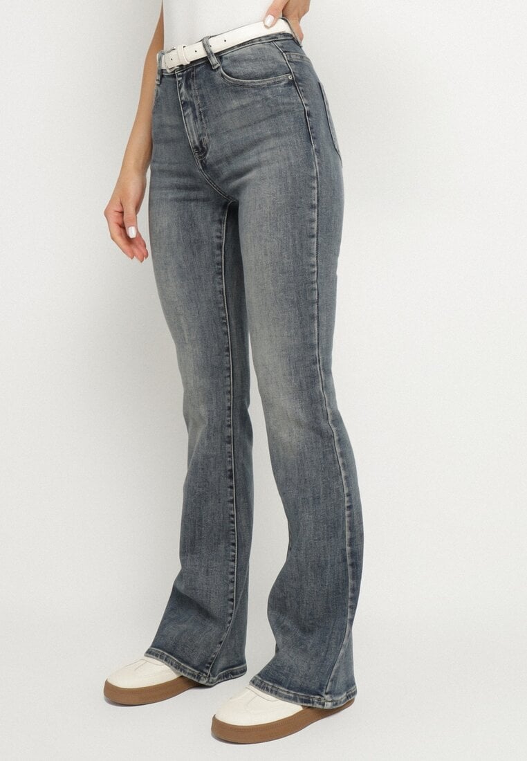 Granatowe Jeansy Bawełniane Dzwony z Kieszeniami Divassa