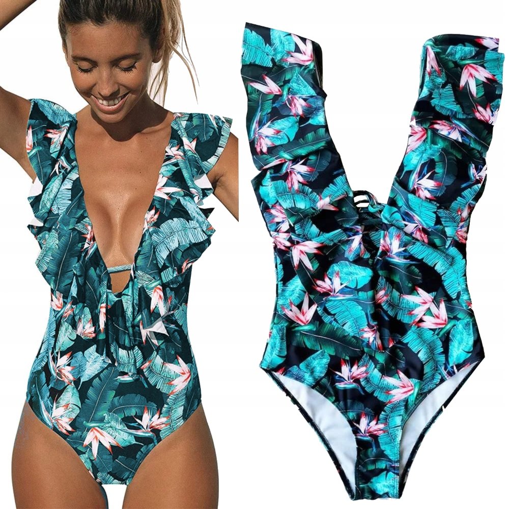 JEDNOCZĘŚCIOWY STRÓJ KĄPIELOWY ODKRYTE PLECY SEXY DEKOLT FALBANKA BOHO M