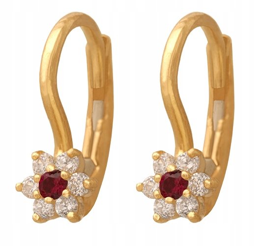 ZŁOTE Kolczyki 585 Kwiatki Wiszące z Cyrkoniami 1.60 g Rodium