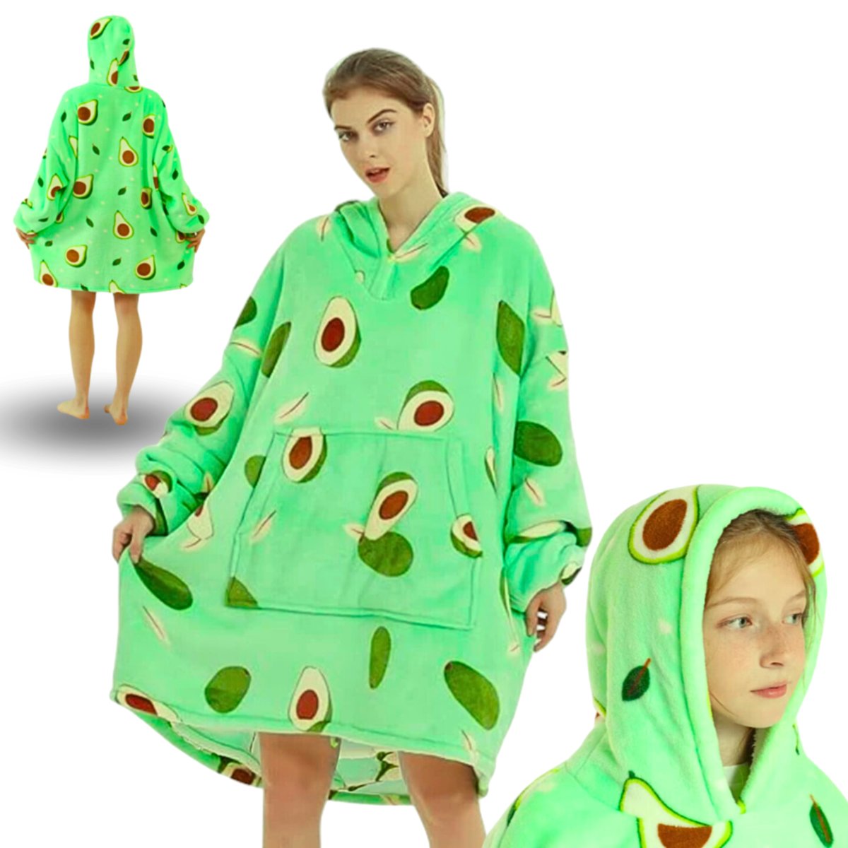 Ciepła Kocobluza Oversize z Kapturem Miękka, Gruba Bluza Awokado