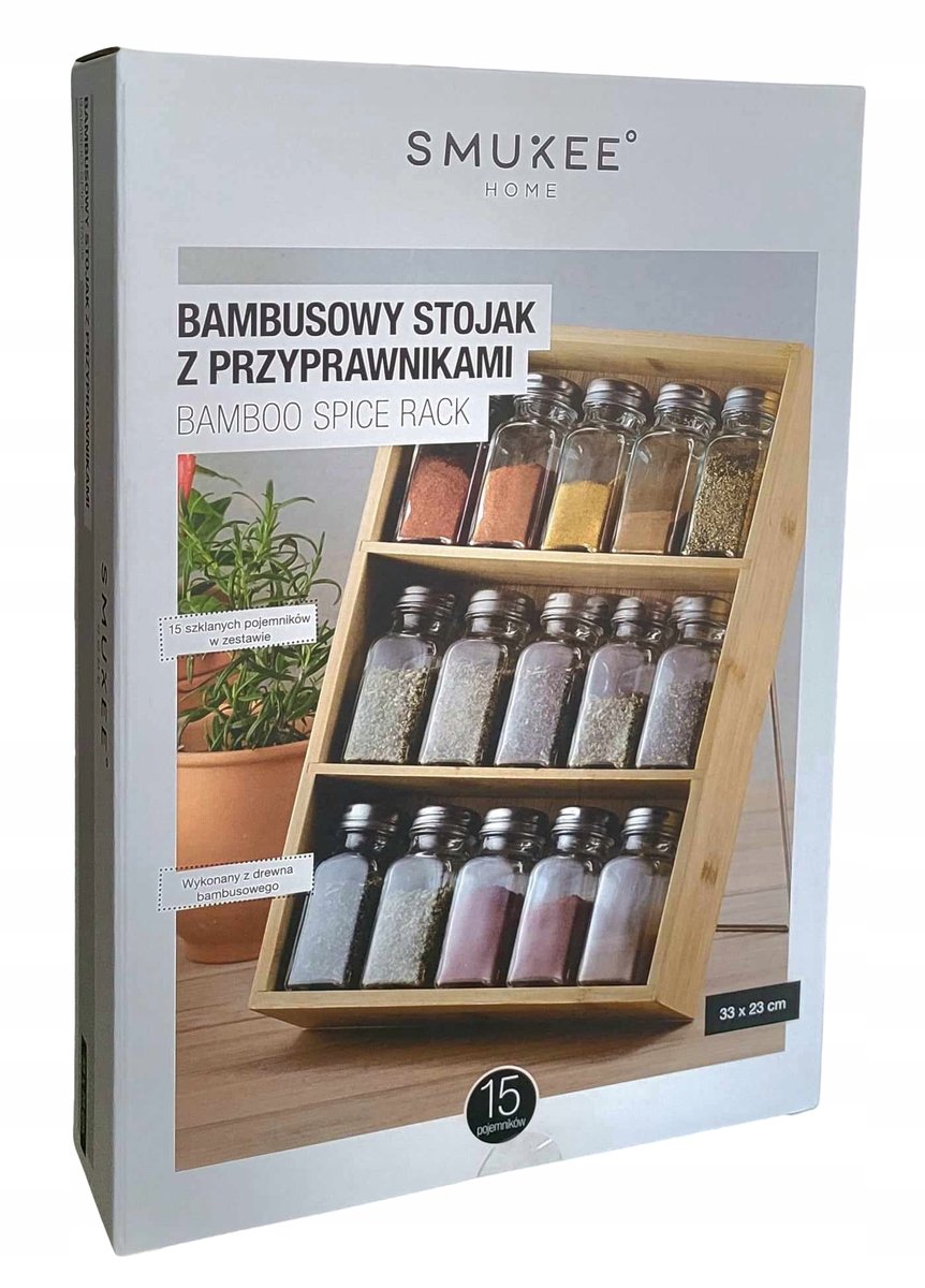 SMUKEE Bambusowy stojak półka na przyprawy 15 szklanych pojemników
