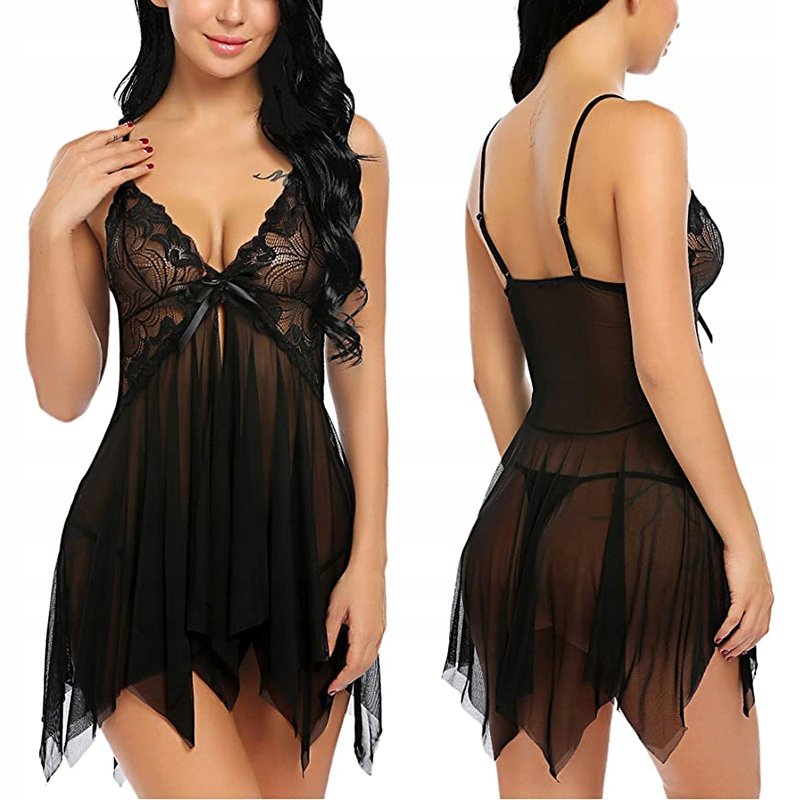 SEKSOWNY KOMPLET KORONKOWA BIELIZNA DAMSKA KOSZULKA NOCNA KORONKA + STRINGI