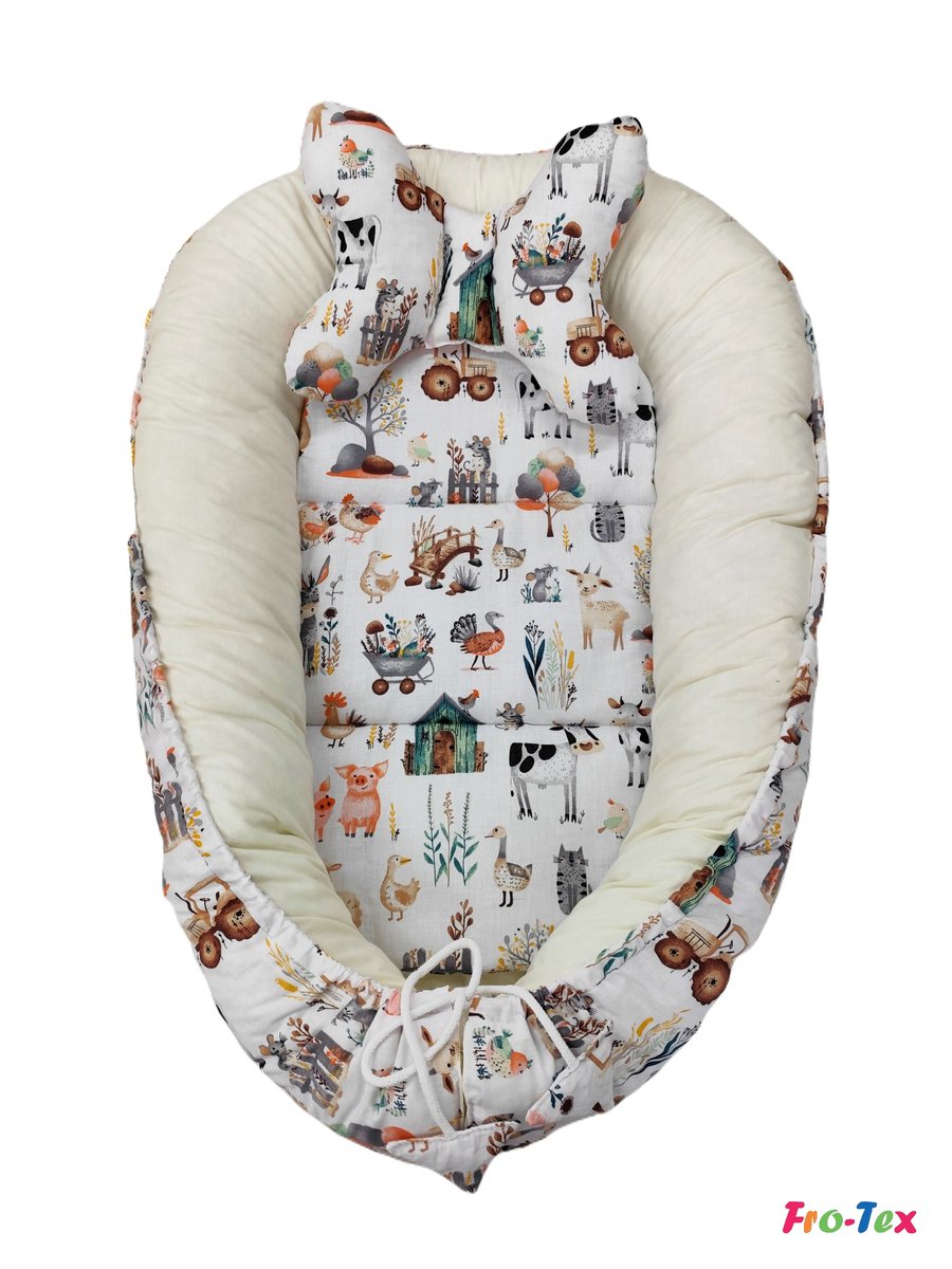 Kokon niemowlęcy gniazdko dwustronny bawełna 3el. farma+ecru