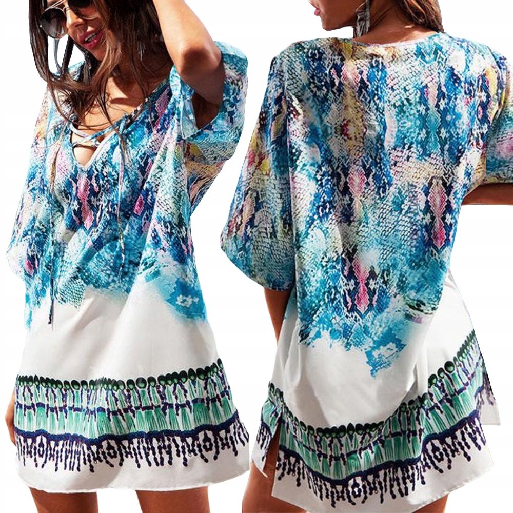 LETNIA SUKIENKA DAMSKA MODNA TUNIKA PLAŻOWA BOHO MINI LUŹNA NARZUTKA PAREO