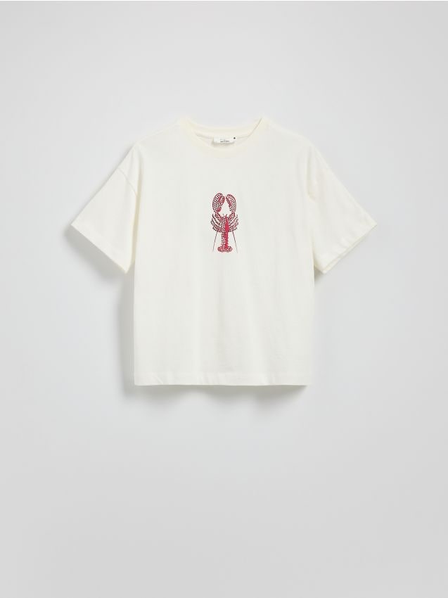 Reserved - Bawełniany t-shirt z nadrukiem - złamana biel