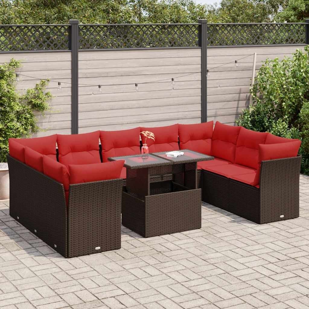 VidaXL 10-cz. zestaw mebli z poduszkami, brązowy, polirattan i akacja