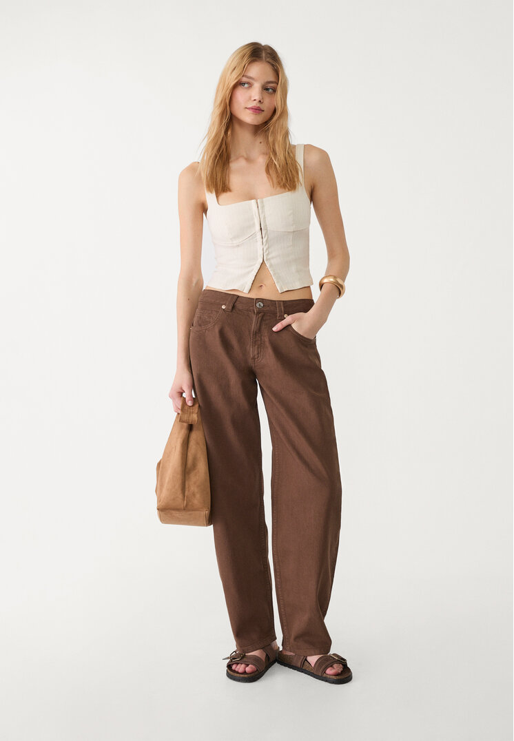 Stradivarius Jeansy baggy balloon z efektem sprania Brązowy 40