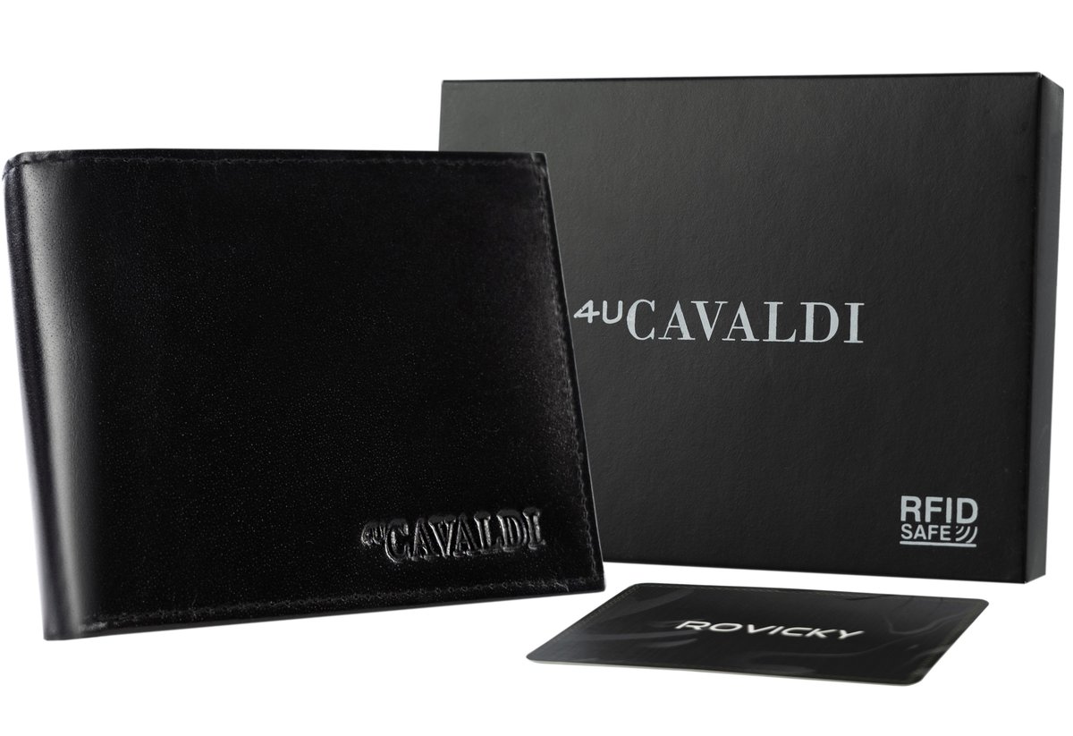 Mały poziomy czarny portfel męski ze skóry naturalnej 4U CAVALDI klasyczny bez zapięcia elegancki na prezent ochrona RFID STOP pudełko producenta