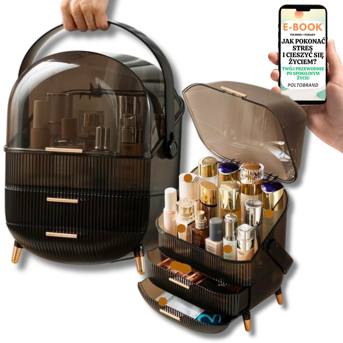 ORGANIZER NA KOSMETYKI SZKATUŁKA NA BIŻUTERIĘ KOSMETYKI WIELOPOZIOMOWA CZARNA KOSMETYCZKA PREZENT DLA NIEJ + EBOOK-1