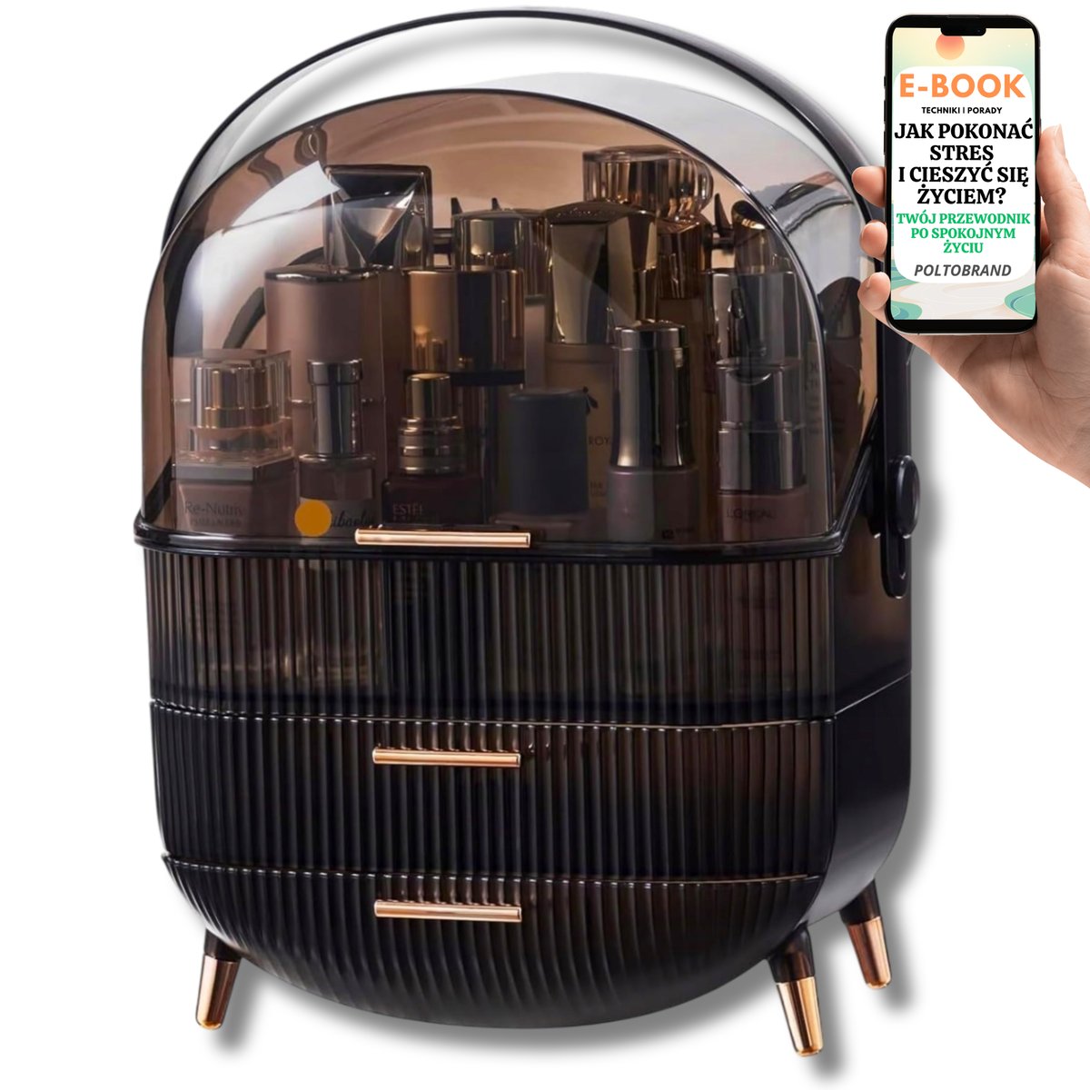 WIELKI ORGANIZER NA KOSMETYKI CZARNY SZKATUŁKA NA BIŻUTERIĘ Z UCHWYTEM KOSMETYCZKA PREZENT DLA KOBIET + EBOOK-1