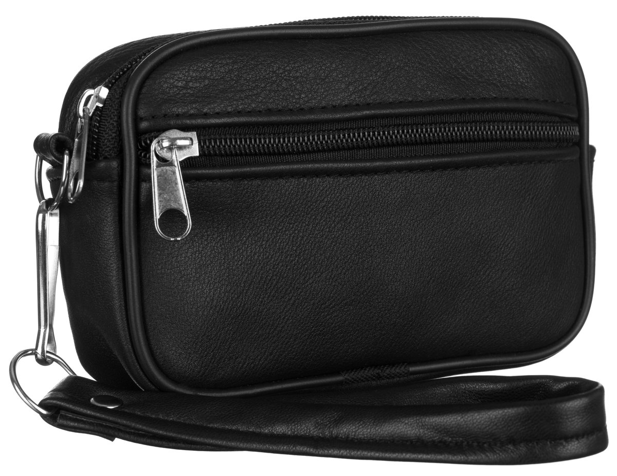 Czarna saszetka męska jednokomorowa na suwak skóra ekologiczna uchwyt na pasek do spodni dopinany pasek na nadgarstek lekka i funkcjonalna