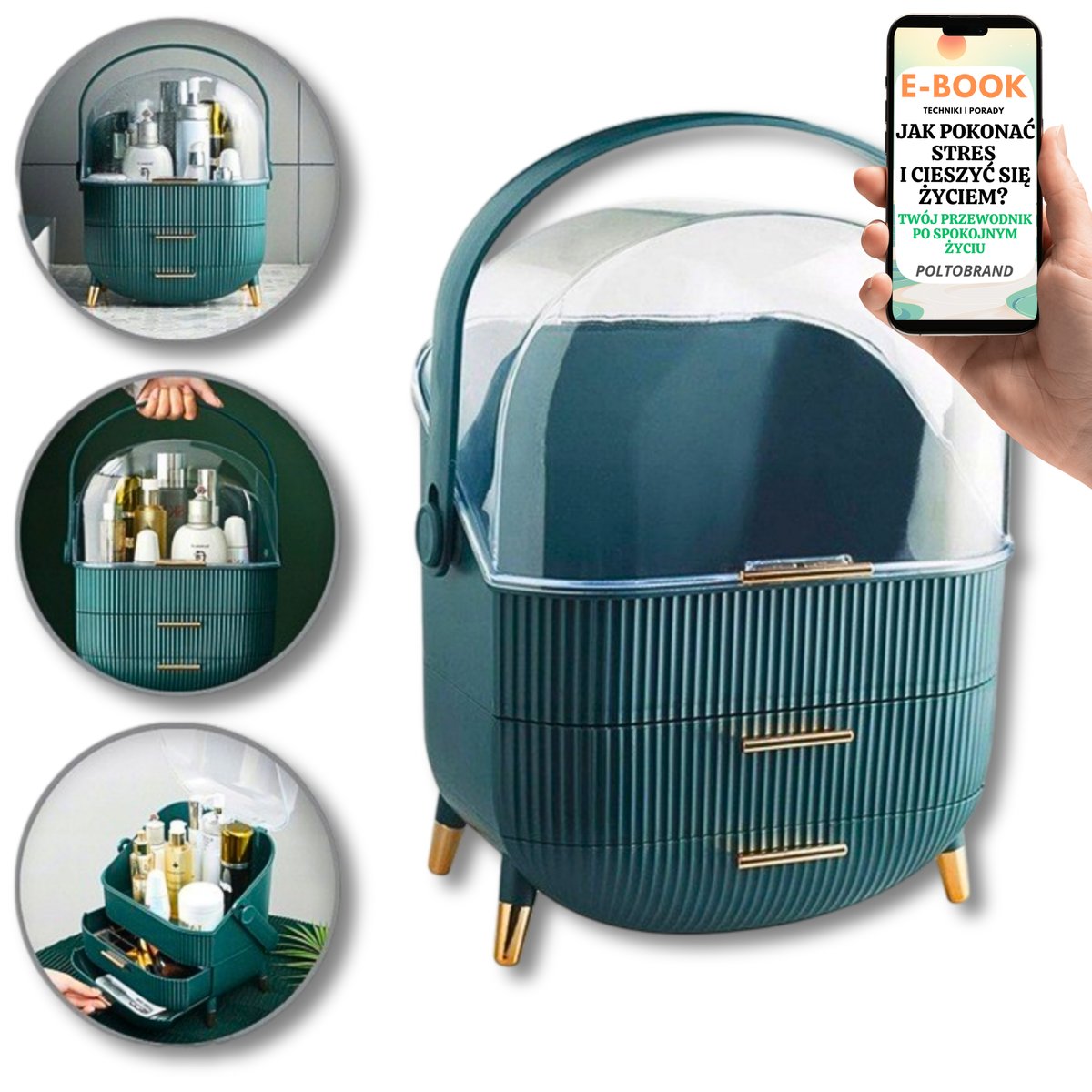 DUŻY ORGANIZER NA KOSMETYKI SZKATUŁKA NA BIŻUTERIĘ KOSMETYKI WIELOPOZIOMOWA ZIELONA KOSMETYCZKA PREZENT DLA KOBIET + EBOOK-1