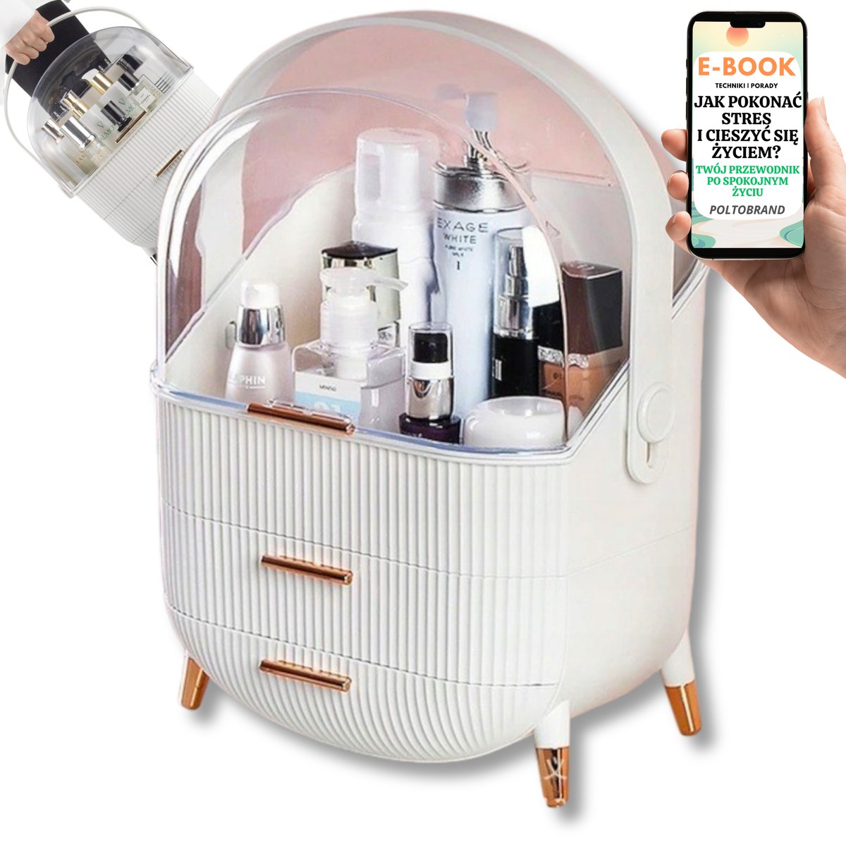 WIELKI ORGANIZER NA KOSMETYKI BIAŁY SZKATUŁKA NA BIŻUTERIĘ Z UCHWYTEM KOSMETYCZKA PREZENT DLA KOBIET + EBOOK-1