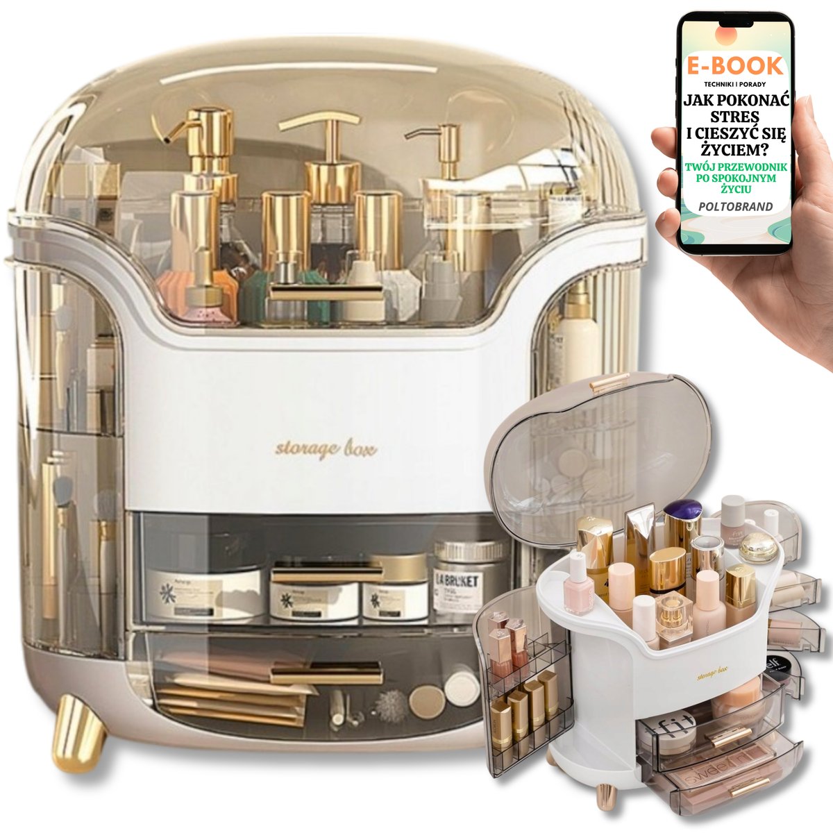 DUŻA KOSMETYCZKA KUFEREK NA KOSMETYKI BIŻUTERIĘ TOALETKA ORGANIZER NA KOSMETYKI SZKATUŁKA PUDEŁKO WIELOPOZIOMOWE BIAŁY PREZENT DLA NIEJ + EBOOK-1