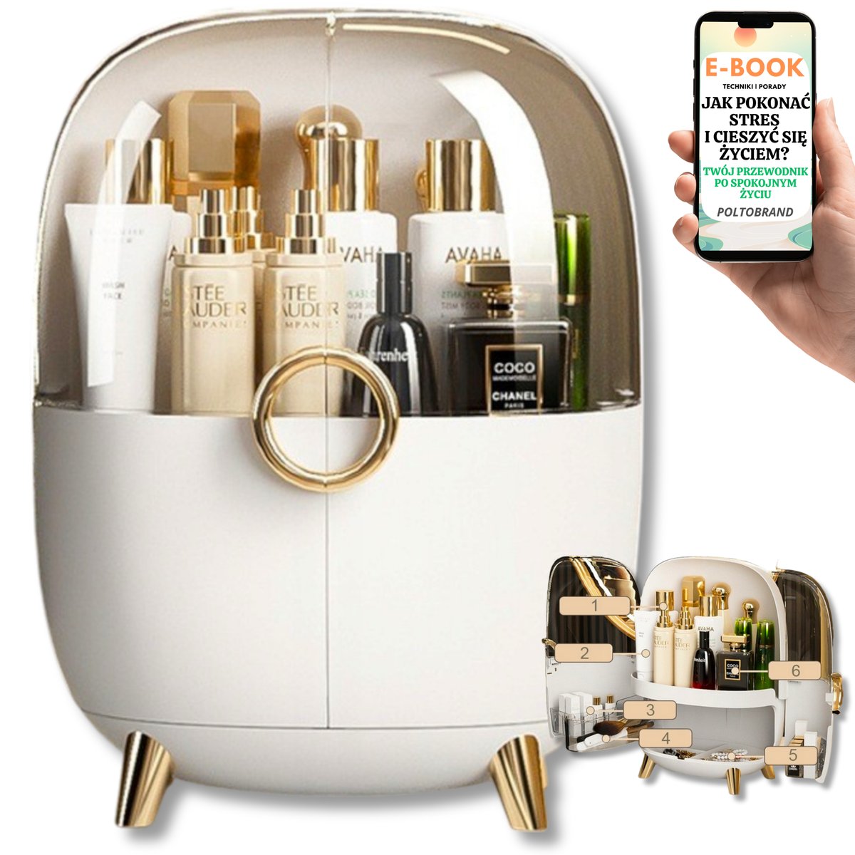 DUŻY ORGANIZER TOALETKA NA KOSMETYKI KUFER BIAŁY SZKATUŁKA NA BIŻUTERIĘ KOSMETYCZKA PREZENT DLA KOBIET + EBOOK-1