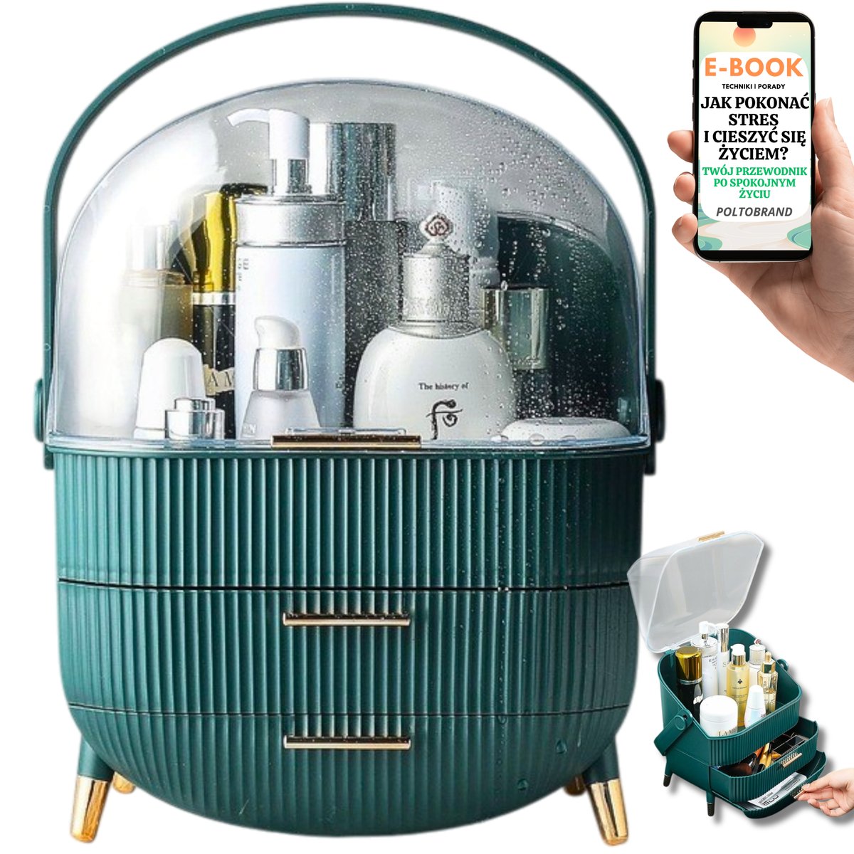 DUŻA KOSMETYCZKA ZIELONA ORGANIZER NA KOSMETYKI KUFEREK PUDEŁKO SZKATUŁKA PREZENT DLA KOBIET + EBOOK-1