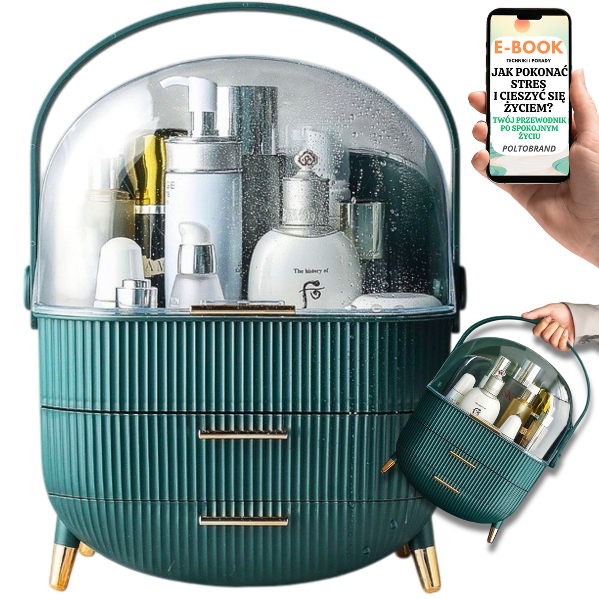 ORGANIZER NA KOSMETYKI SZKATUŁKA NA BIŻUTERIĘ KOSMETYKI WIELOPOZIOMOWA ZIELONA KOSMETYCZKA PREZENT DLA NIEJ + EBOOK-1