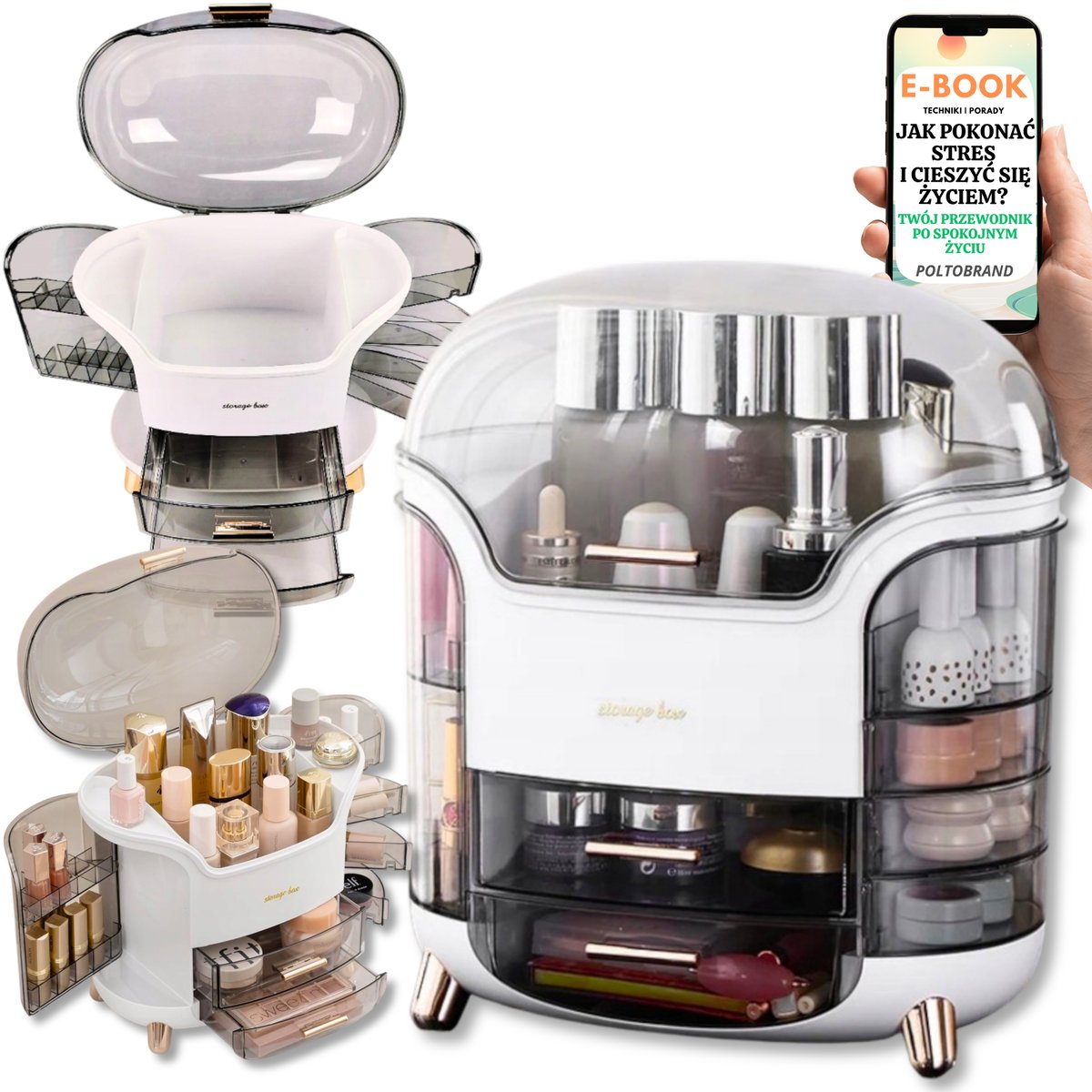 WIELKI ORGANIZER TOALETKA NA KOSMETYKI KUFER BIAŁY SZKATUŁKA NA BIŻUTERIĘ KOSMETYCZKA PREZENT DLA KOBIET + EBOOK-1