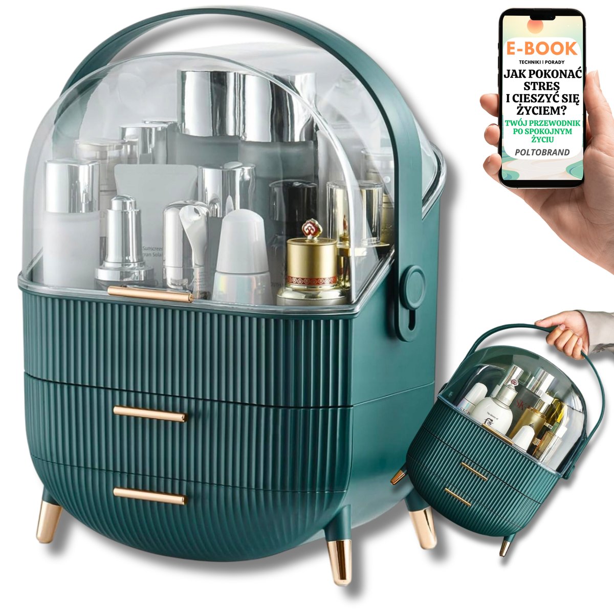 WIELKI ORGANIZER NA KOSMETYKI ZIELONY SZKATUŁKA NA BIŻUTERIĘ Z UCHWYTEM KOSMETYCZKA PREZENT DLA KOBIET + EBOOK-1